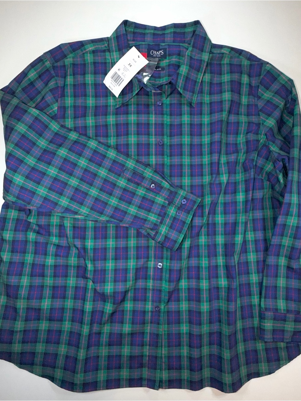 CHAPS No Iron Shirt Blue Green Plaid Long Sleeve Stretch Button Up Womens 3X NWT - Picture 4 of 14